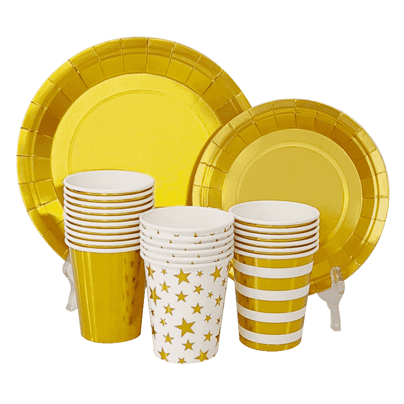 Gold Foil Disposable Festival Paper Cup And Plate Set